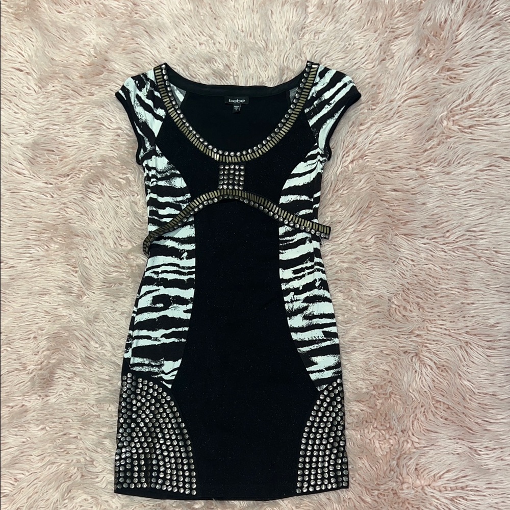 Bebe Studded Zebra Print Bodycon Dress – Size Small – Statement Piece